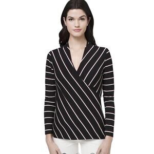 White House Black Market‎ Black Stripes Surplice Long Sleeve Wrap Blouse Small